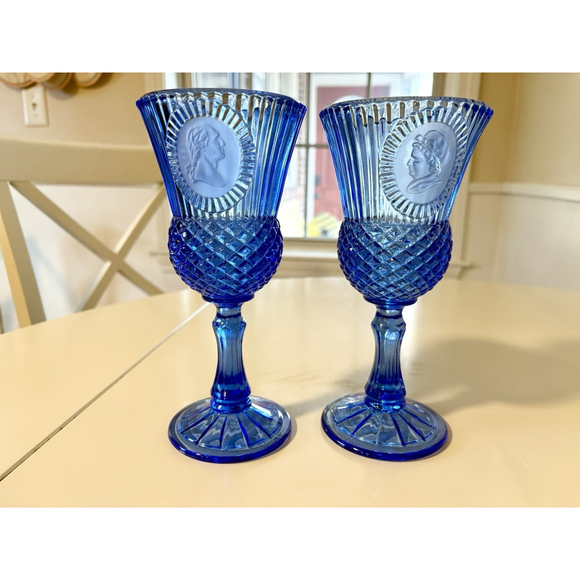 Unbranded Other - Vintage Cobalt Blue Cameo Portrait Goblets Set of 2 Medallion Glass Wine Glasses